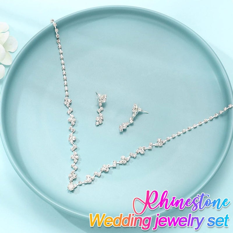 Aukmla Bride Wedding Necklace Earrings Set Silver Rhinestones Necklaces Bridal Crystal Jewelry Accessories for Women (Set of 3) - Image 4